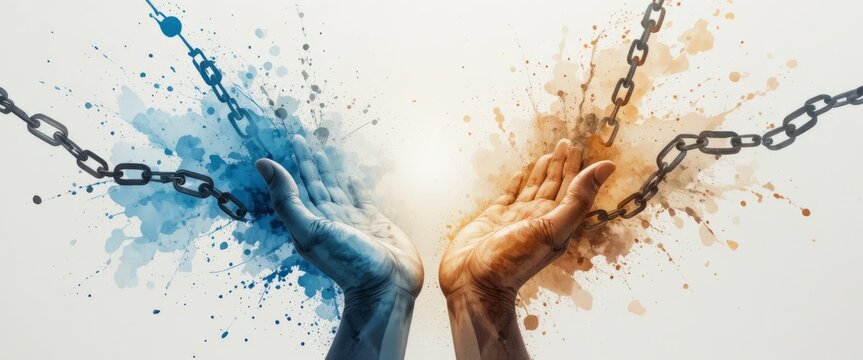 watercolor Illustration of International human rights day concept: Silhouette people hands rising with chains on, over blurred abstract colorful sunset background, people hands rising over