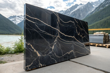 Polished black marble slab with white and gold veining set against lake and mountain backdrop — ideal for luxury design, material campaigns, and scenic storytelling. generative ai