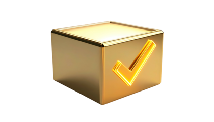Gleaming golden cube with a neon checkmark, isolated on black background