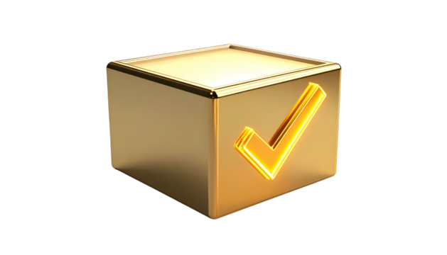 Gleaming golden cube with a neon checkmark, isolated on black background