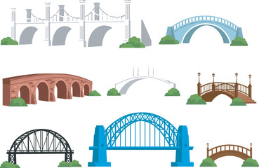 Bridge illustration set, architectural styles, stone, steel, wood, modern design, park environment, construction diversity, vector art, infrastructure concept, engineering reference