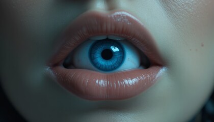 Fototapeta premium Surreal close-up of a human mouth with glossy lips containing a vivid blue eye in center, symbolizing vision, perception, and imagination. Conceptual art blending beauty, mystery, surreal creativity