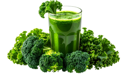Glass of green juice, surrounded by fresh broccoli and kale on a transparent background