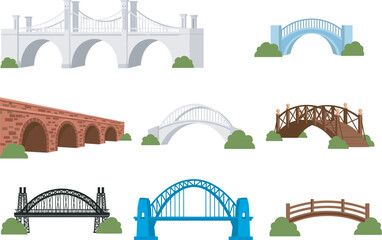 Bridge illustration set, architectural styles, stone, steel, wood, modern design, park environment, construction diversity, vector art, infrastructure concept, engineering reference