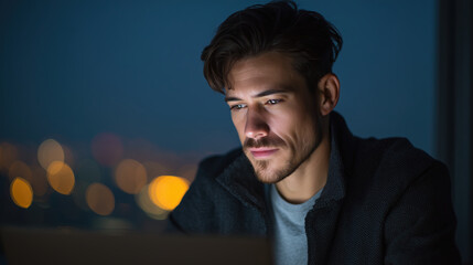 Focused man working late at night modern office environment