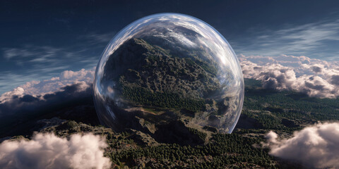 Nature preservation action in glass dome scenic landscape environment