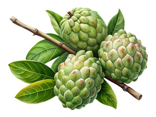 Fototapeta premium Artistic Render of Three Sugar Apples on a Branch with Green Leaves