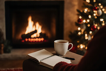 Cozy Winter Evening with a Cup of Coffee, Open Notebook and Pen by a Warm Fireplace and Christmas Tree

