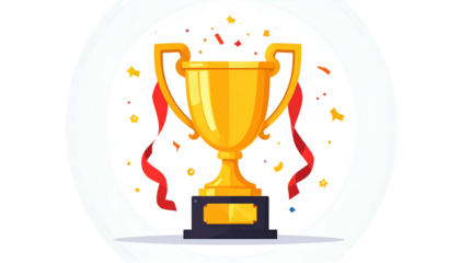 Shiny gold trophy with red ribbons, confetti, and stars, on a black base, in a white circle