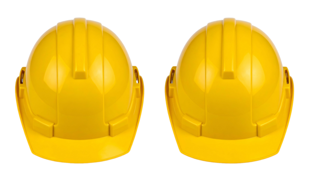 Two close-up views of yellow protective headgear, facing opposite directions, on a transparent background
