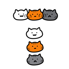 Three cat faces. One white, one orange, and one gray snuggled closely side by side.  The white cat with a happy fece, the orange cat  with a neutral face, and gray cat with a slightly sad expression