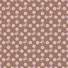 Romantic seamless pattern featuring delicate pink roses and sweet ribbons on a rich chocolate brown background. The design is charming, vintage, and feminine, perfect for confectionery, fabric, gift