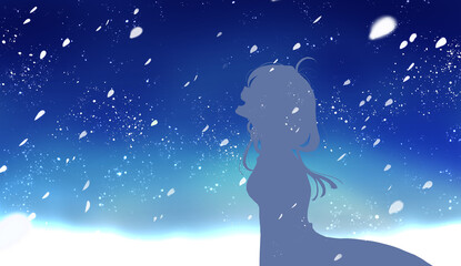 笑顔のワンピースの女性　夏　夜　天の川　横長　シルエット