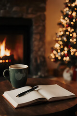 Cozy Winter Evening with a Cup of Coffee, Open Notebook and Pen by a Warm Fireplace and Christmas Tree

