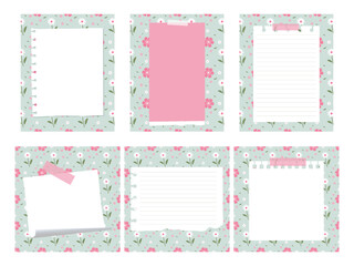 Vector set of cute notepad and memo pad with floral background