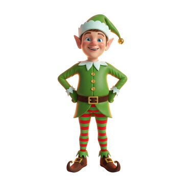 A cheerful cartoon christmas elf wearing a green outfit and striped socks standing with hands on hips isolated on transparent background