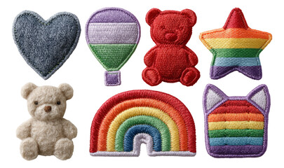 Colorful Embroidered Patches Featuring Heart, Balloon, Bear, Rainbow, and Star Shapes