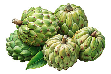 Fototapeta premium Still life arrangement showcasing a cluster of custard apples in various stages of ripeness