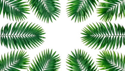 Lush green palm fronds frame a circular black void. Tropical and elegant