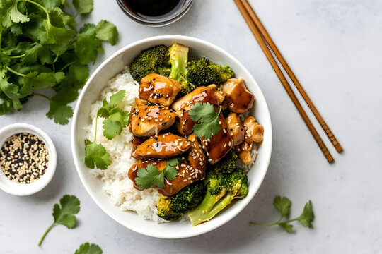 Top view of healthy tofu bowl with broccoli and rice on white background. Vegetarian food concept