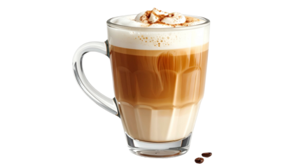 Tall glass mug of layered coffee drink with whipped foam & cinnamon garnish, beans