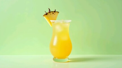 Tropical pineapple cocktail in a clear round glass, pineapple garnish, and ice, isolated on pastel mint