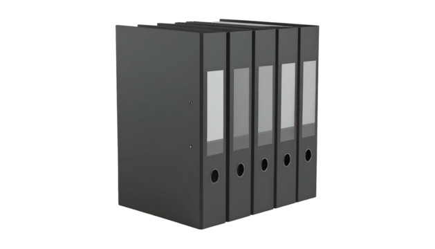 Five dark gray lever arch files standing in a neat row against a plain black background