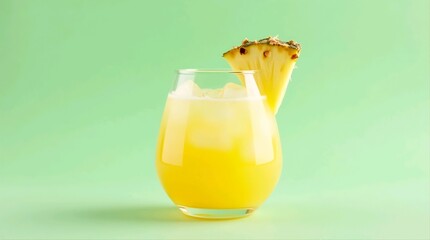 Tropical pineapple cocktail in a clear round glass, pineapple garnish, and ice, isolated on pastel mint