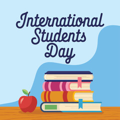 Vector art of international students day celebration with a stack of books and a red apple on a wooden table, educational concept