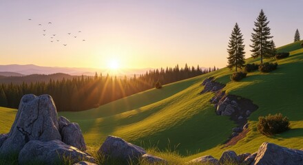 Golden sunrise over rolling green hills with pine trees and birds flying in the sky