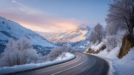Scenic winter road winding through snowy mountains at dawn with pink and blue sky illuminating the peaks