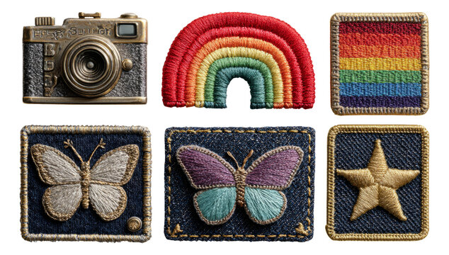 Colorful Embroidered Patches on Denim Background Featuring Camera, Rainbow, Butterfly