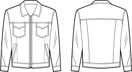 Front and back view denim jacket flat sketch, fashion design vector template, stylish casual outerwear clothing illustration for apparel designers