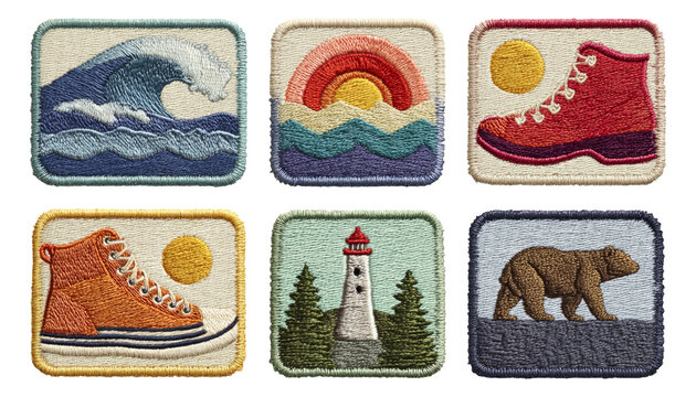 Vibrant Set of Embroidered Patches with Nature Themes and Outdoor Elements