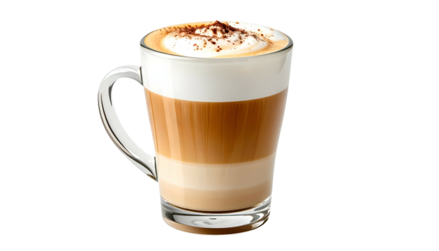 Coffee drink with layers of espresso, milk and foam, served in a clear mug