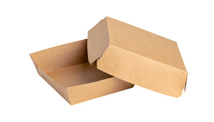 A brown, open cardboard food container sits on a black background, lid slightly ajar