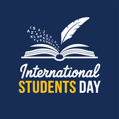 Vector art of international students day celebrated with an open book and a quill, symbolizing knowledge and learning, against a deep blue background