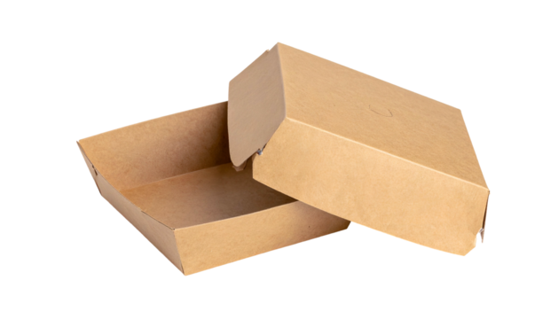 A brown, open cardboard food container sits on a black background, lid slightly ajar