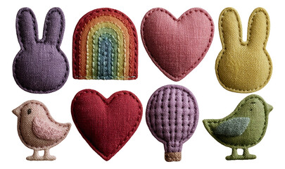 Colorful Textile Shapes Featuring Bunny, Heart, Rainbow, Bird, and Balloon Designs