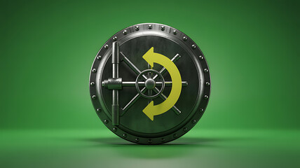 Futuristic metallic sphere with glowing green arrow symbol representing rotation or data processing