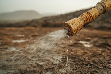 Water pouring from a pipe into the ground, selective focus, shallow DOF