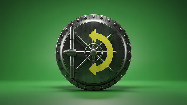 Futuristic metallic sphere with glowing green arrow symbol representing rotation or data processing