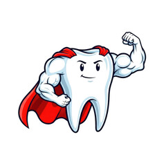 Cartoon superhero tooth character with red cape flexing bicep isolated on transparent background