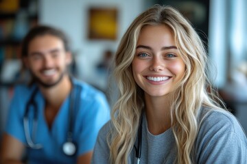 Fototapeta premium Portrait of smiling female doctor with male colleague in background at hospital