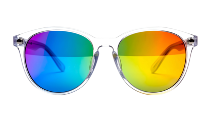 Clear-framed sunglasses with rainbow lenses, isolated on black background, brightly lit