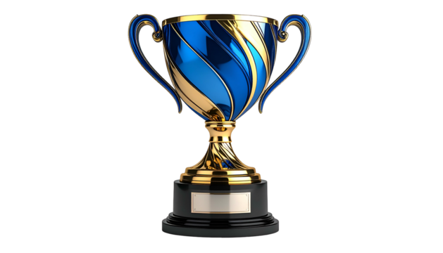A glossy, ornate trophy in blue and gold with a black base