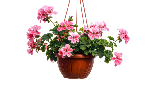 A hanging flower pot filled with vibrant pink geraniums and lush green foliage - Powered by Adobe