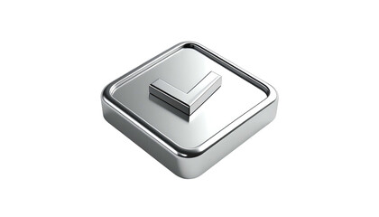 A polished, silver, square-shaped button with a metallic, downward-pointing "L" symbol