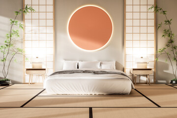 Modern Japanese bedroom interior with tatami floor and shoji sliding doors, 3D render