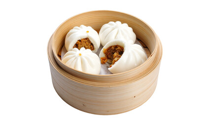 Steamed buns with savory filling presented in a bamboo steamer, one partially open